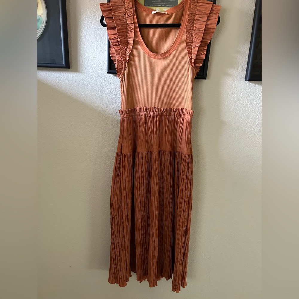Ulla Johnson Orange Pleated Ruffled Midi Sundress